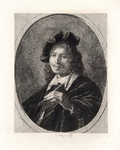 Gerrit Dou Self Portrait 1876 Etching Signed: Gerrit Dou. Self Portrait. Antique Copper Plate Etching on Heavy Wove Paper after the Original Oil Painting by Master Engraver Paul Adolphe Rajon (French, 1843-1888). 1876. Signed in the plate. Image