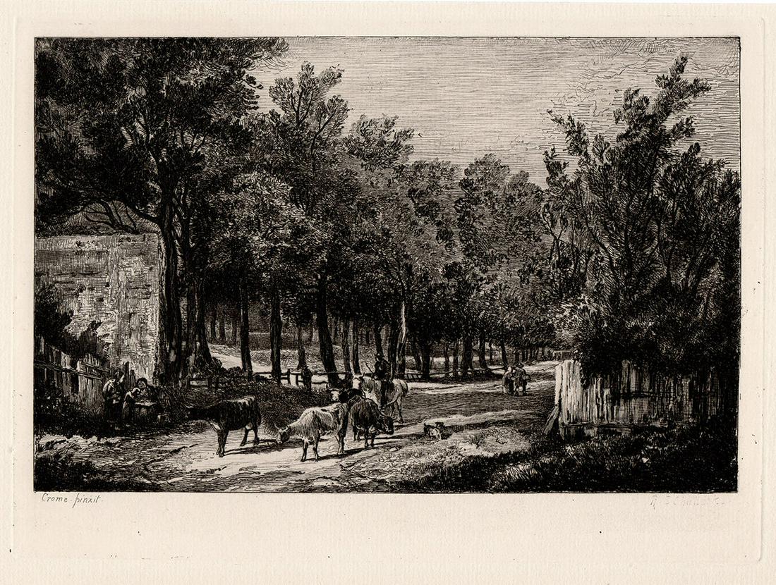 1875 John Crome Chapel Fields, Norwich etching signed (1 of 2)