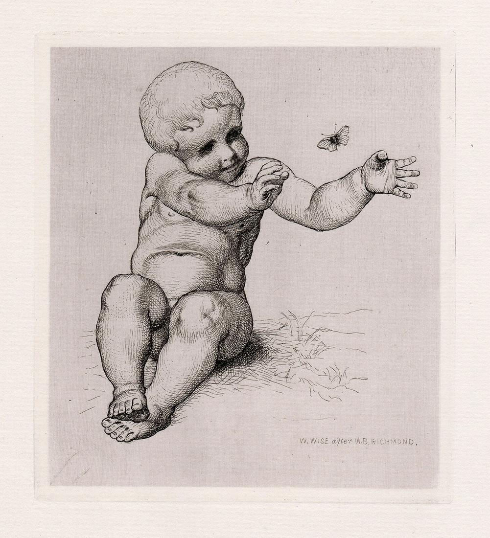 Sir William Blake Richmond 1874 etching Child with a Butterfly signed: Sir William Blake Richmond. (English, 1842-1921). Child with a Butterfly. Antique etching on laid paper after the original drawing by master engraver WILLIAM WISE (British, 1832-1876). 1874. Signed in