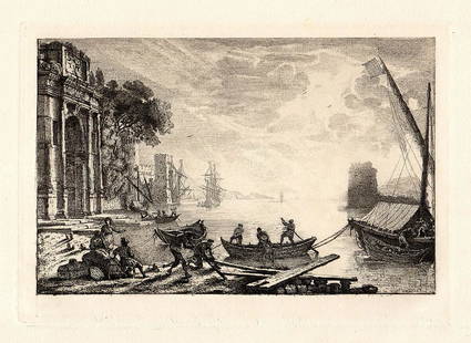 Claude Lorrain The Rising Sun 1887 etching: Claude Lorrain. (French, 1600-1682). The Rising Sun. Hand Pulled Copper Plate Etching on Laid paper after the original by Renowned Master Engraver Amand Durand (1831-1905). 1887. Excellent. Image