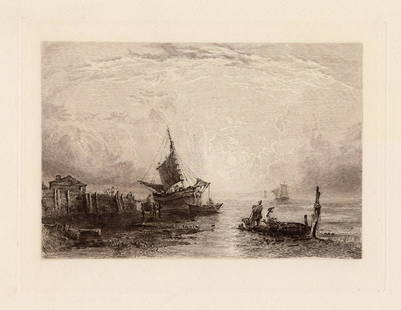 Copley Fielding Coastal Scene at Sunset 1889 Etching: Copley Fielding (1787-1855). Coastal Scene at Sunset. Hand Pulled Copper Plate Etching on Laid Paper after the original by Master Engraver E.W. Evans. 1889. Inage size 6 x 9 inches. Framed dimensions