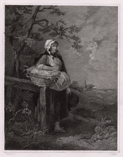 1834 George Morland The Market Girl engraving signed: George Morland. (English, 1763-1804). The Market Girl. Antique steel engraving on wove paper after the original painting by master engraver Charles W. Marr,. 1834. Signed in the plate. Excellent.