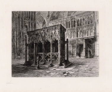 Sir Ernest George The Shrine of St. Alban 1876 etching: Sir Ernest George. (English, 1839-1922). The Shrine of St. Alban. Original etching on Laid Paper. 1876. Signed in the plate, lower left. Excellent. Image Size 7 x 8 3/4 inches. Framed dimensions