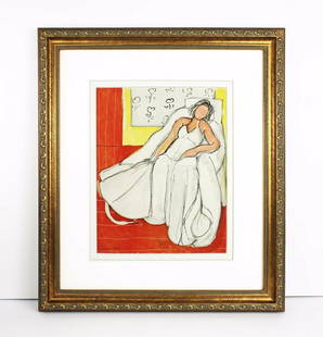 1948 Henri Matisse Girl in White on a Lounge Chair (Jeune Fille En Blanc Sur Une Chaise Lounge): Henri Matisse. (1869-1954). Girl in White on a Lounge Chair (Jeune Fille En Blanc Sur Une Chaise Lounge). Color heliogravure after the 1944 original painting. 1948. Signed in the plate, lower left.