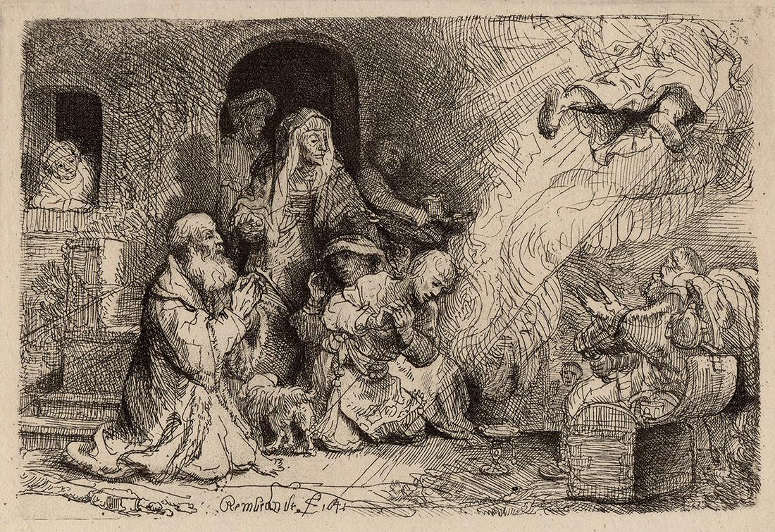 1876 REMBRANDT B43 The Angel Departing From the Family of Tobias DURAND Goring Unique: After Rembrandt Harmenszoon Van Rijn (1606-1669). Title: The Angel Departing From the Family of Tobias (From Hermann Goring's private collection at Bergfhof). Antique hand pulled copper plate etching 