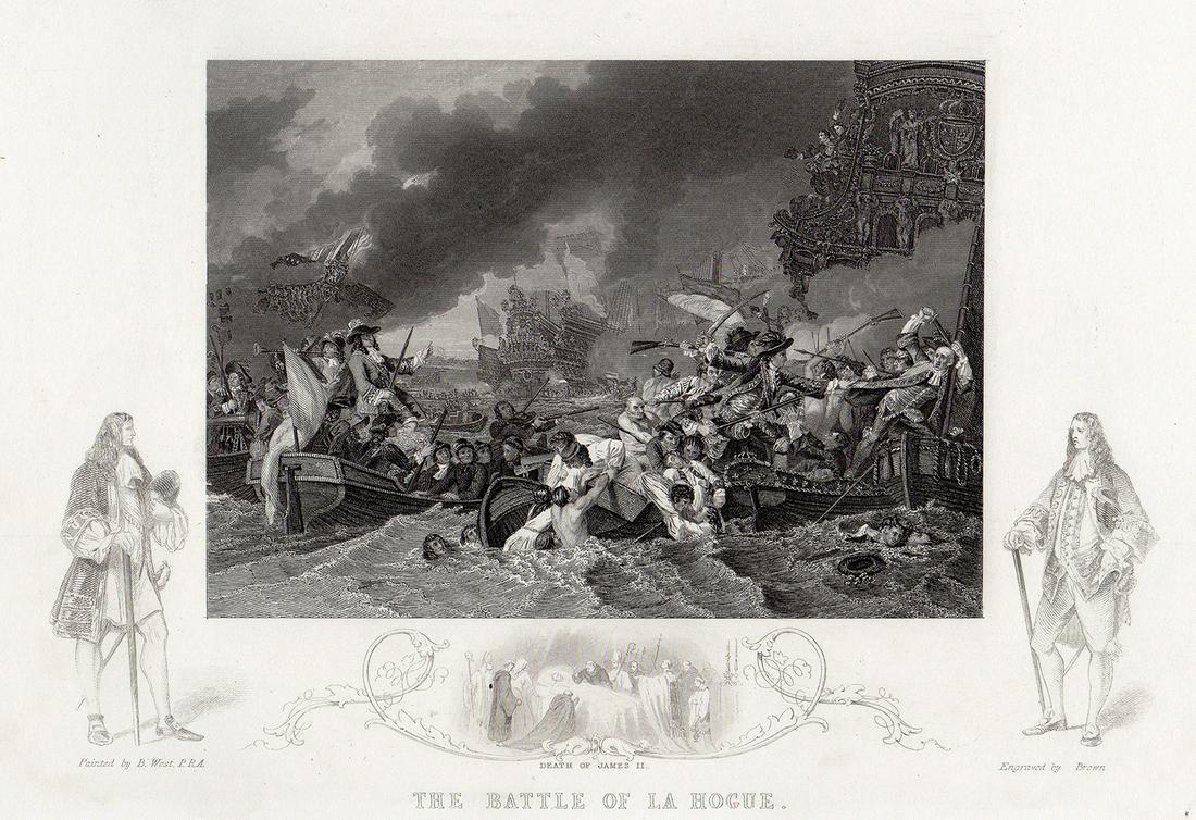 1855 Benjamin West Historic Engraving Battle of La Hogue Framed Signed: Benjamin West (1738 - 1820). The Battle of La Hogue. Antique engraving on wove paper after the original oil on canvas by master engraver Joseph Brown (English, 1809-1887). Year: c. 1855. Signed in the