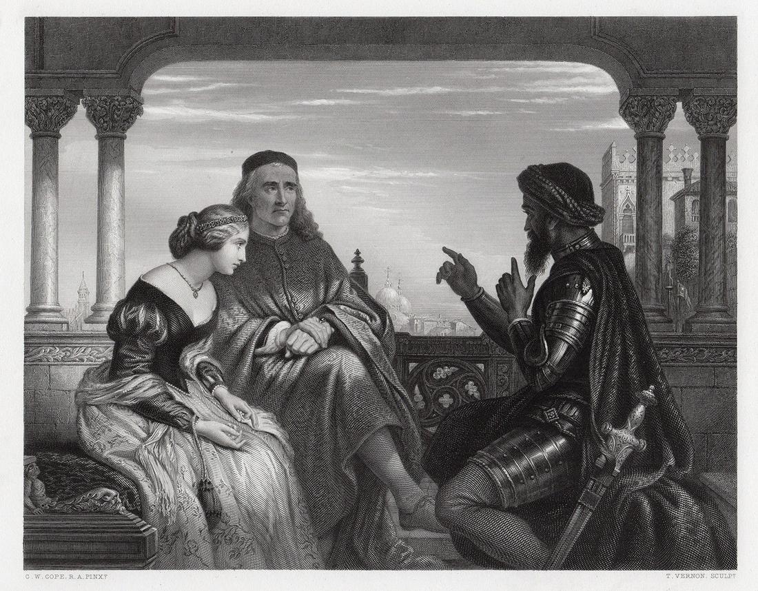 Charles West Cope 1872 engraving Othello Relating his Adventures signed: Charles West Cope. (English, 1811 - 1890). Othello Relating his Adventures. Antique Engraving on wove paper after the original by master engraver Thomas Vernon (English, c. 1824 - 1872). 1872. Signed
