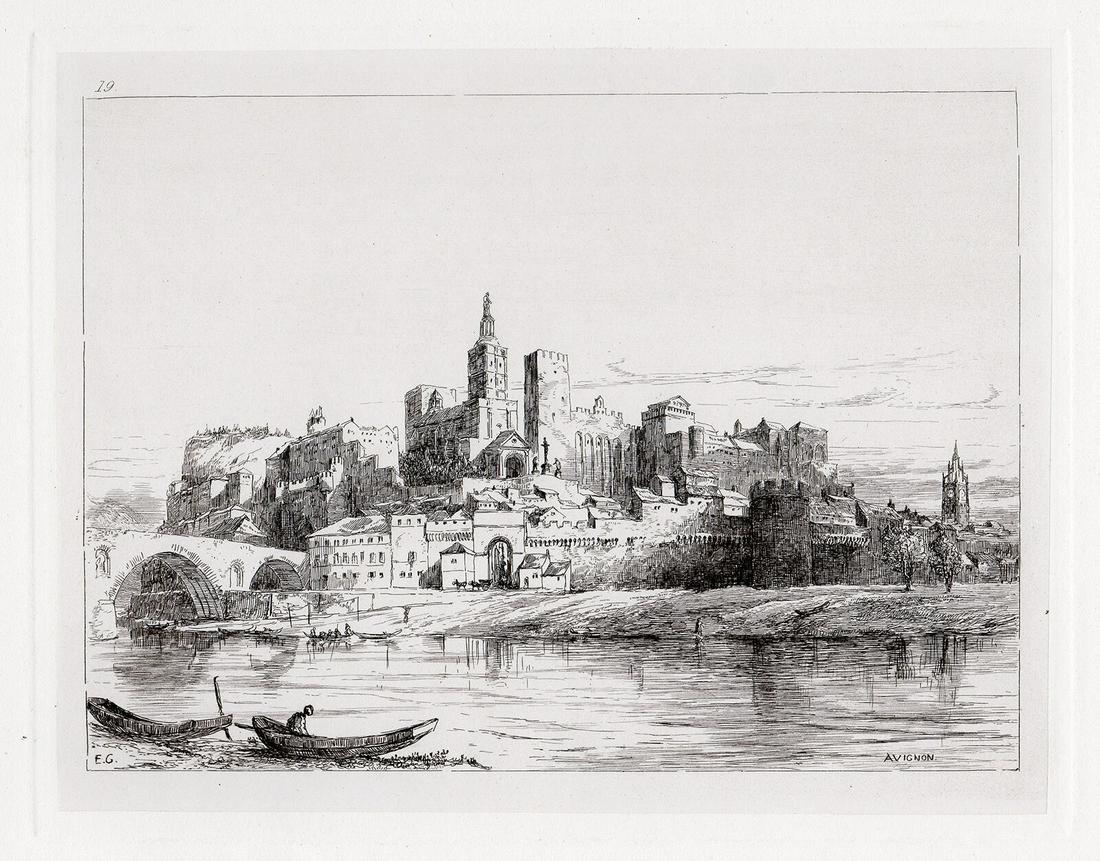 1875 Sir Ernest George Avignon. The City from the Rhone etching signed (1 of 2)