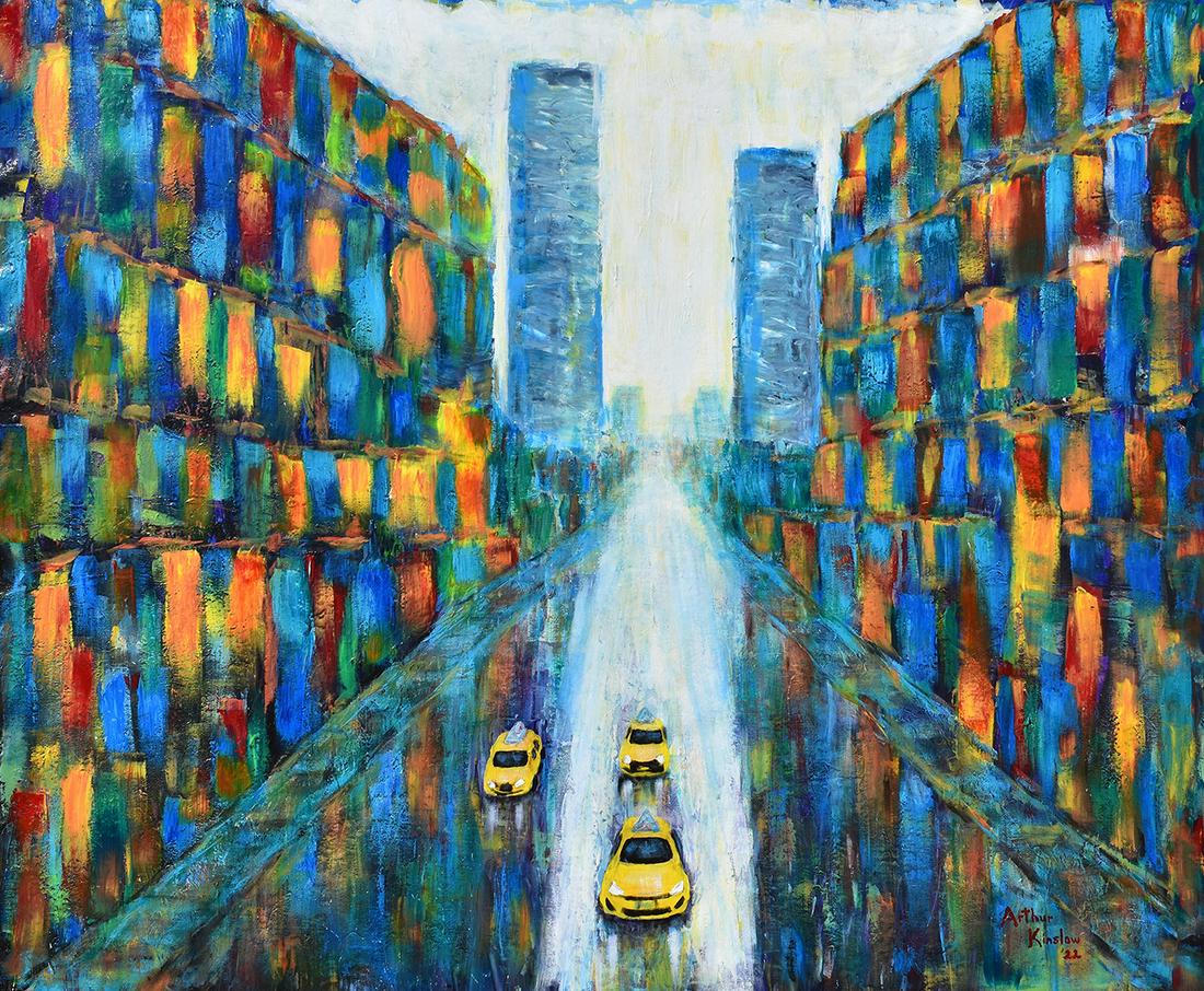 Arthur Kinslow Original Abstract Painting City Living 50 x 60: Arthur Kinslow ( American, 1955 - ) City Living.. Original Acrylic on Canvas.Signed by the artist lower right. Canvas Size 50 x 60 inches. Arthur Kinslow has been involved in art his entire life and b