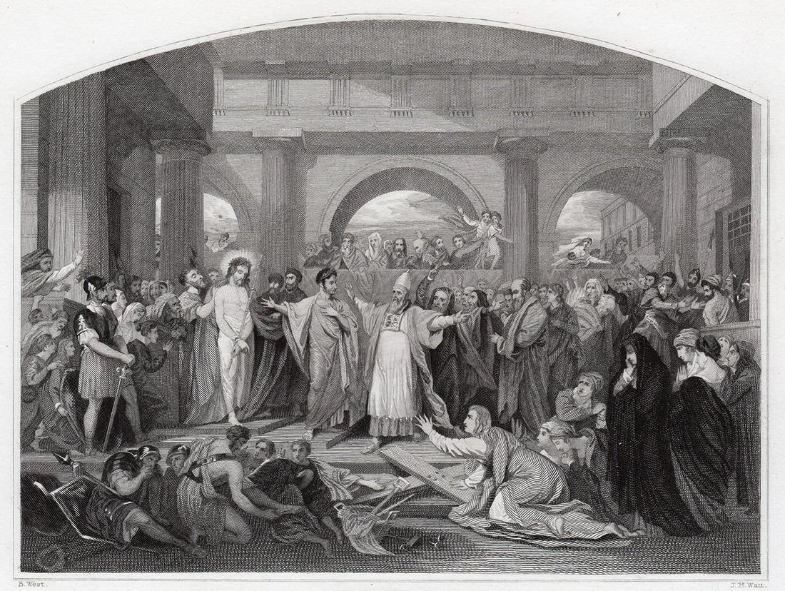 Benjamin West Christ Rejected engraving signed: Benjamin West. (1738 - 1820). Christ Rejected. Antique Steel Engraving on wove paper after the original oil on canvas by master engraver James Henry Watt (British, 1799-1867). 1834. Signed in the plat