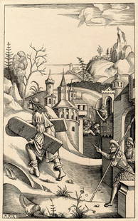 1876 Mair von Landshut Samsom with the Gates of Gaza Signed Durand Goring Unique: Mair von landshut (1485 - 1510 active). "Samson with the Gates of Gaza ," (From Hermann Goring's private collection at Bergfhof). Antique Copper plate engraving with Drypoint on laid paper executed by