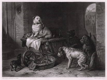 1869 Sir Edwin Henry Landseer Jack in the Office engraving signed: Sir Edwin Henry Landseer. (English, 1802-1873). Jack in the Office. Antique engraving on wove paper after the original oil on panel by master engraver Charles James Lewis (British, 1830-1892). 1869. S