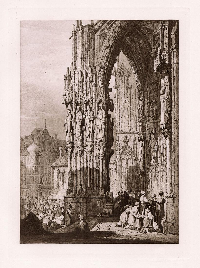 Samuel Prout Porch of Ratisbon Cathedral print signed: Samuel Prout. (British, 1783-1852). Porch of Ratisbon Cathedral. Antique heliogravure on wove paper after the original by a master etcher Dujardin. 1888. Signed in the plate. Excellent. Image Size 7 1