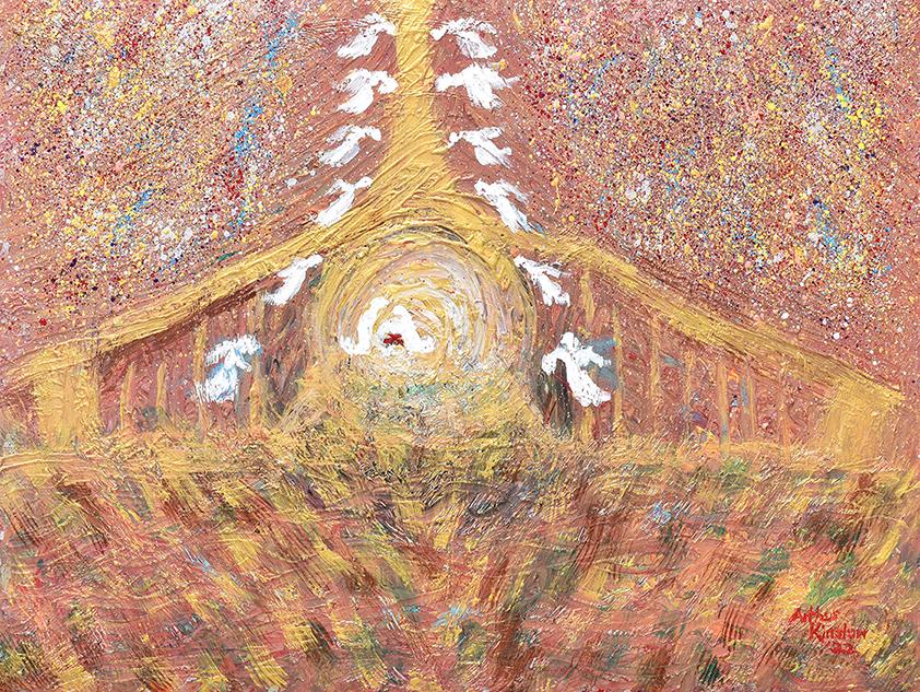 Arthur Kinslow Original Abstract Painting Nativity 30 x 46 inches: Arthur Kinslow ( American, 1955 - ) A-Way in a Manger. Original Acrylic on Canvas.Signed by the artist lower right. Canvas Size 50 x 60 inches. Arthur Kinslow has been involved in art his entire life