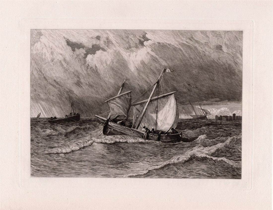 William Henry Hilliard Fishing Boats off the Coast of Holland 1881 etching (1 of 2)