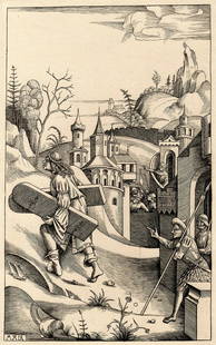 1876 Mair von Landshut Samsom with the Gates of Gaza Signed Durand Goring Unique: Mair von landshut (1485 - 1510 active). "Samson with the Gates of Gaza ," (From Hermann Goring's private collection at Bergfhof). Antique Copper plate engraving with Drypoint on laid paper executed by