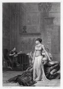 Jean-Leon Gerome 1800s Engraving "Cleopatra Before Caesar" FRAMED: Jean-Leon Gerome (French, 1824 - 1904). Cleopatra and Caesar. Antique steel engraving on wove paper after the original oil on canvas by master engraver John Carr Armytage (British, 1802-1897). Year: 1