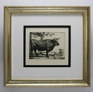 Paul Potter Taureau (The Bull) etching signed: Paul Potter. (Paulus Potter) (Dutch, baptized, 1625-1654). Taureau (The Bull). Antique Hand Pulled Copper Plate Etching after the original painting by Renowned Master Engraver Amand Durand (1831-1905)