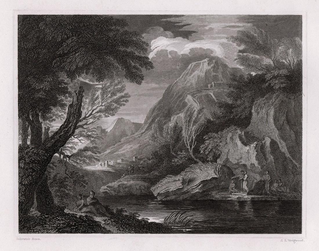 1834 Salvator Rosa Landscape engraving signed: Salvator Rosa. (Italian, 1615-1673). Landscape. Antique steel engraving on wove paper after the original by master engraver John Taylor Wedgewood (English, Christened, 1782-1856). 1834. Signed in the