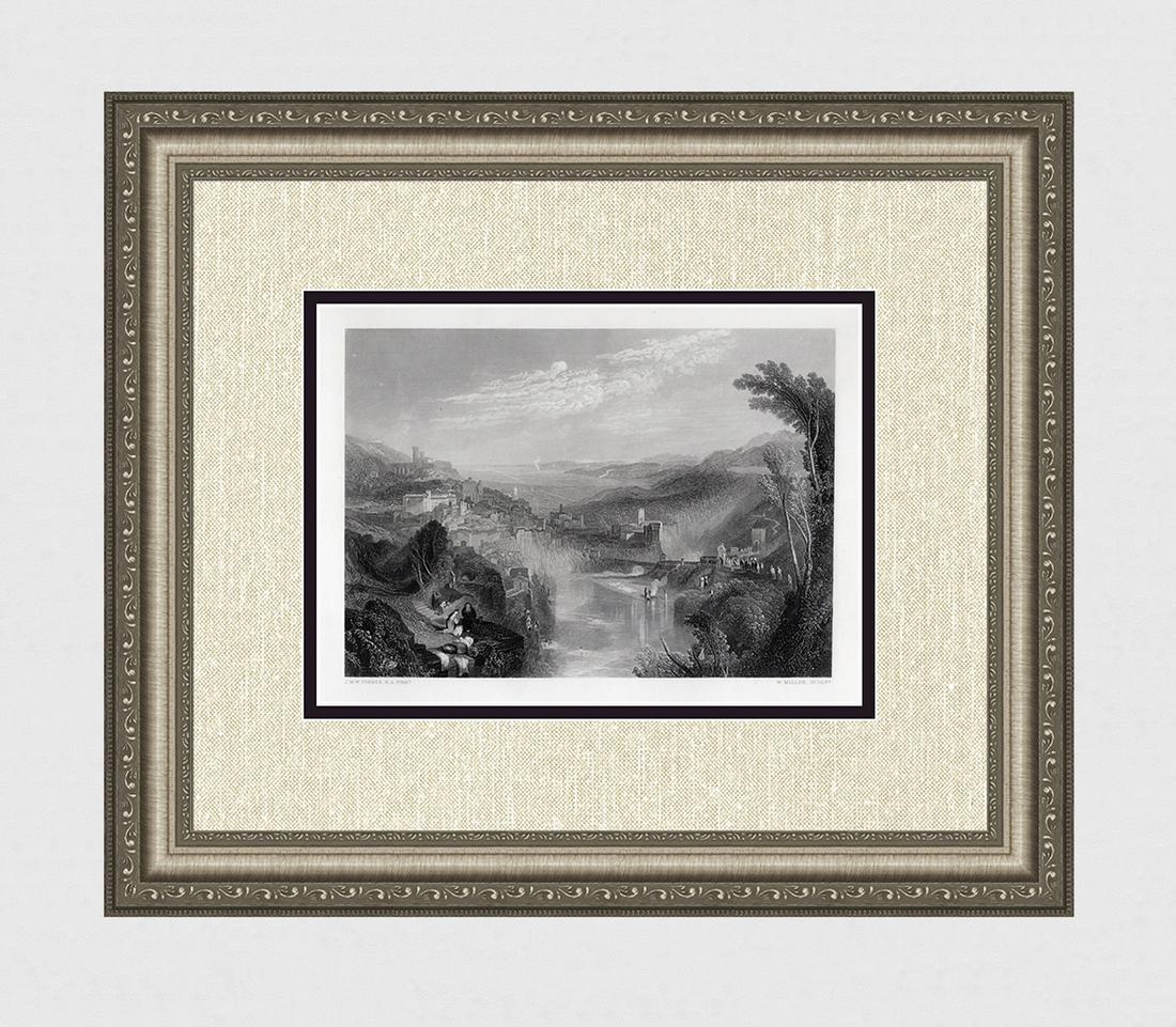 WILLIAM TURNER 1800s Engraving Landscape with Bathers SIGNED Framed: Joseph Mallord William Turner (English, 1775-1851). Modern Italy. Antique engraving on wove paper after the original by master engraver William Miller (British, 1796 â€“ 1882). Year: 1861.Signed