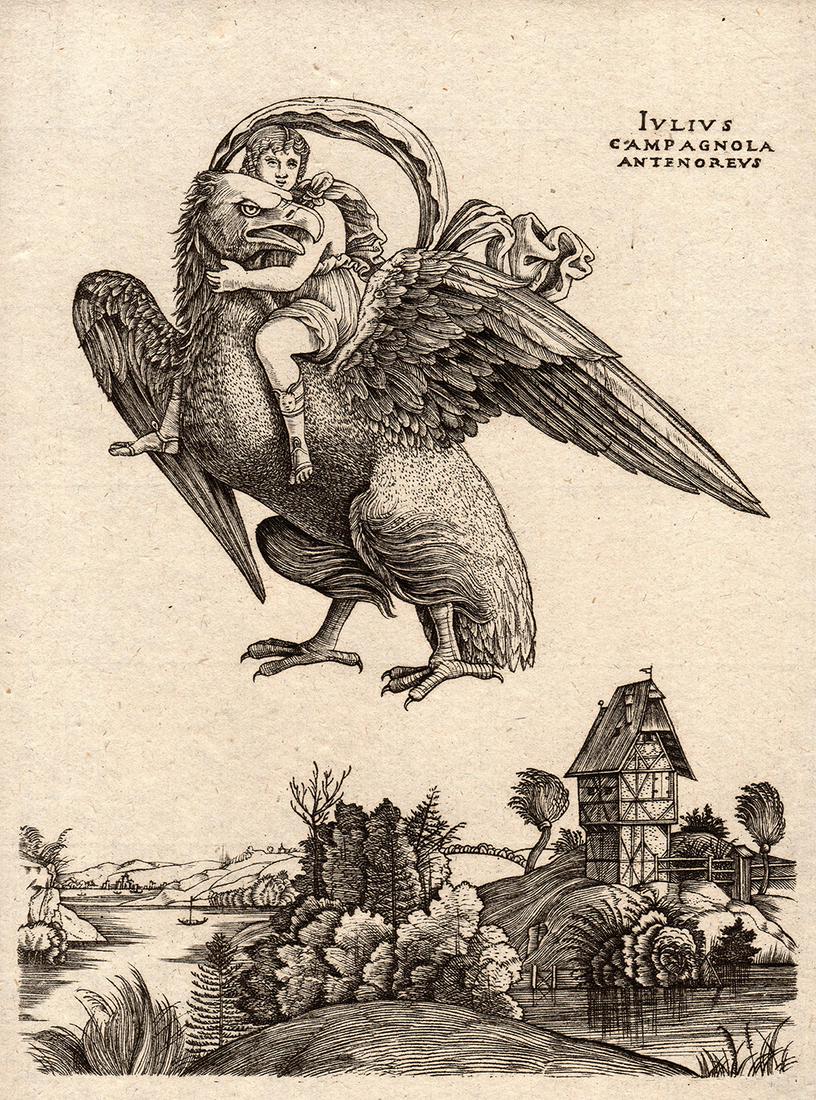 1876 Campagnola Ganymede riding an Eagle Durand Goring Unique: Giulio Campagnola (Italian, Padua ca. 1482â€“ca. 1515/18 Venice). Ganymede as a young boy riding a large eagle (Zeus) in flight above a landscape. (From Hermann Goring's private collection at Ber