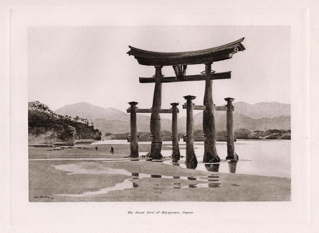 John Varley The Great Torii of Miyajima, Japan print signed: John Varley. Jr. (English, 1850-1933). The Great Torii of Miyajima, Japan. Antique heliogravure on wove paper after the original by a Master Engraver. 1891. Signed in the plate, lower right. Excellent