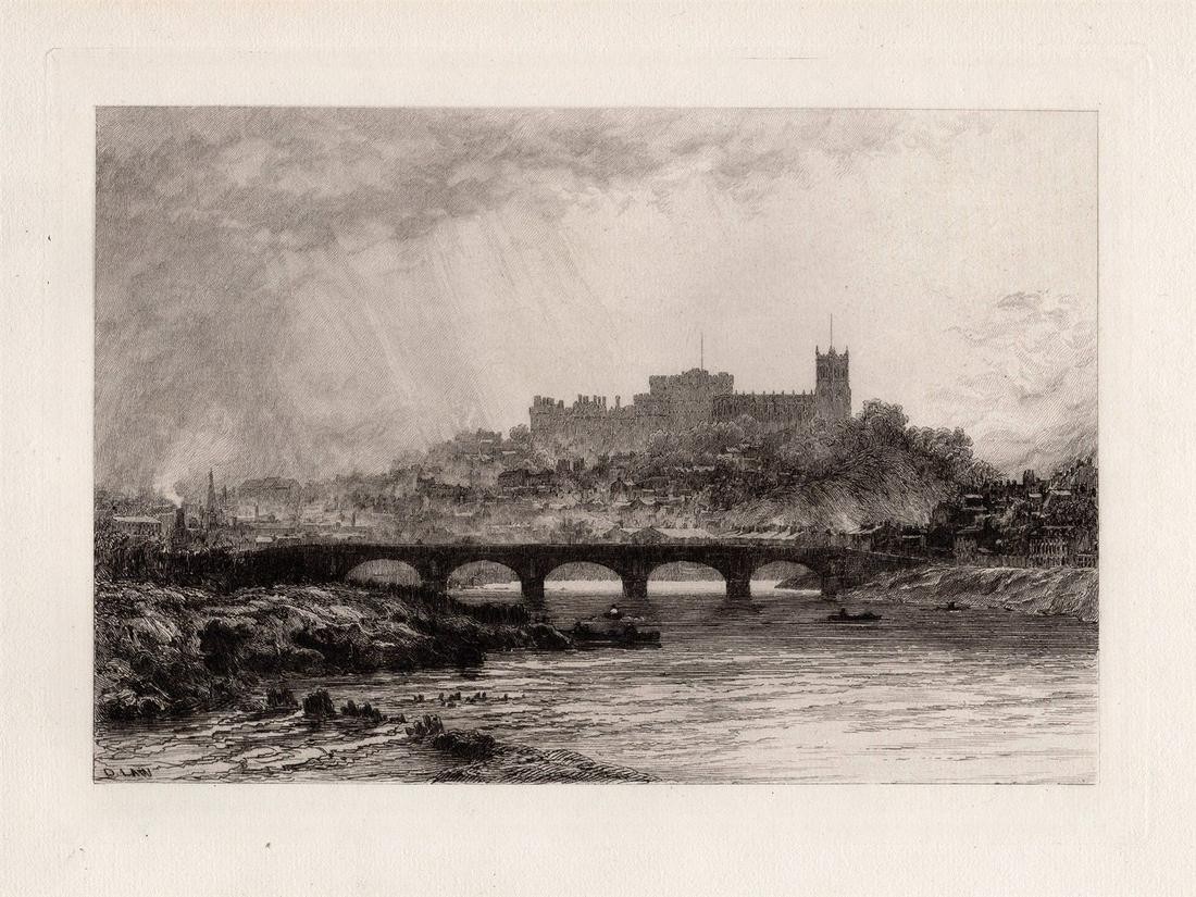 1881 David Law Lancaster etching signed: David Law. (Scottish, 1831-1901). Lancaster. Antique etching on thick wove paper. 1881. Signed in the plate lower left. Excellent. Image size 7 7/8 x 10 7/8 inches. Approximately 16 x 18inches. This p