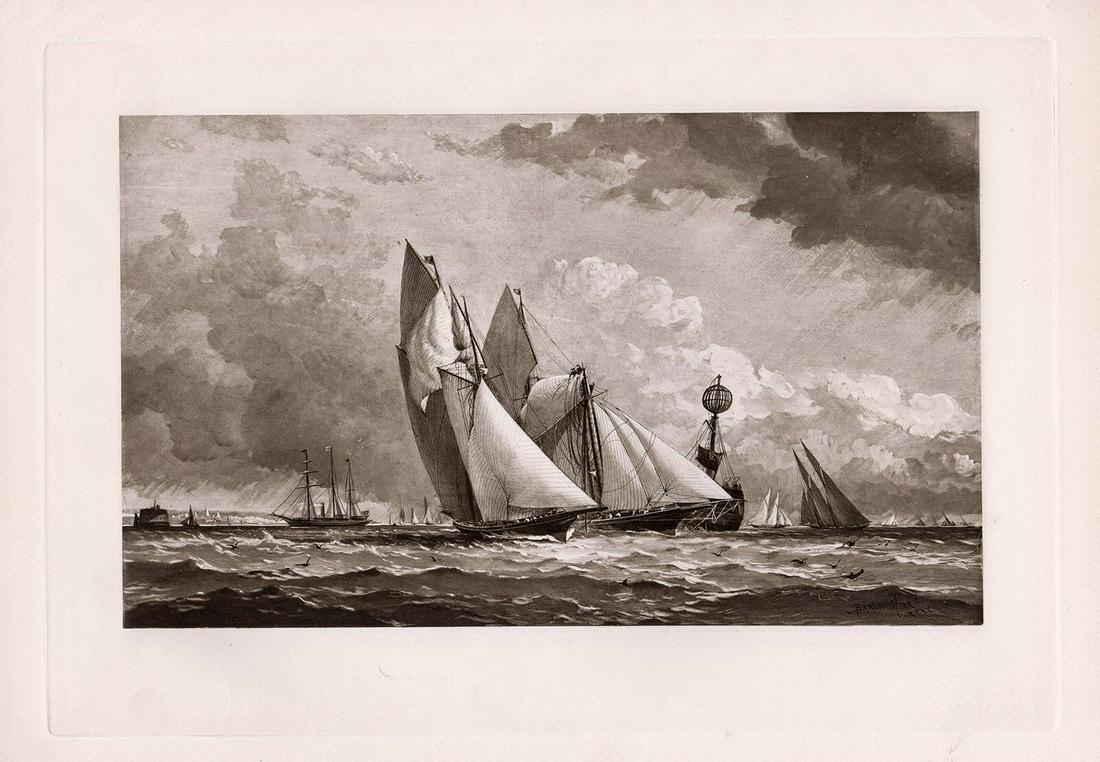 Barlow Moore A Yacht Race 1890 print: Barlow Moore. "A Yacht Race". Antique heliogravure on heavy wove paper after the original. 1890. Signed in the plate lower right. Excellent. Image size 8 x 11 1/2 inches. Approximately 16 x 19 inches.