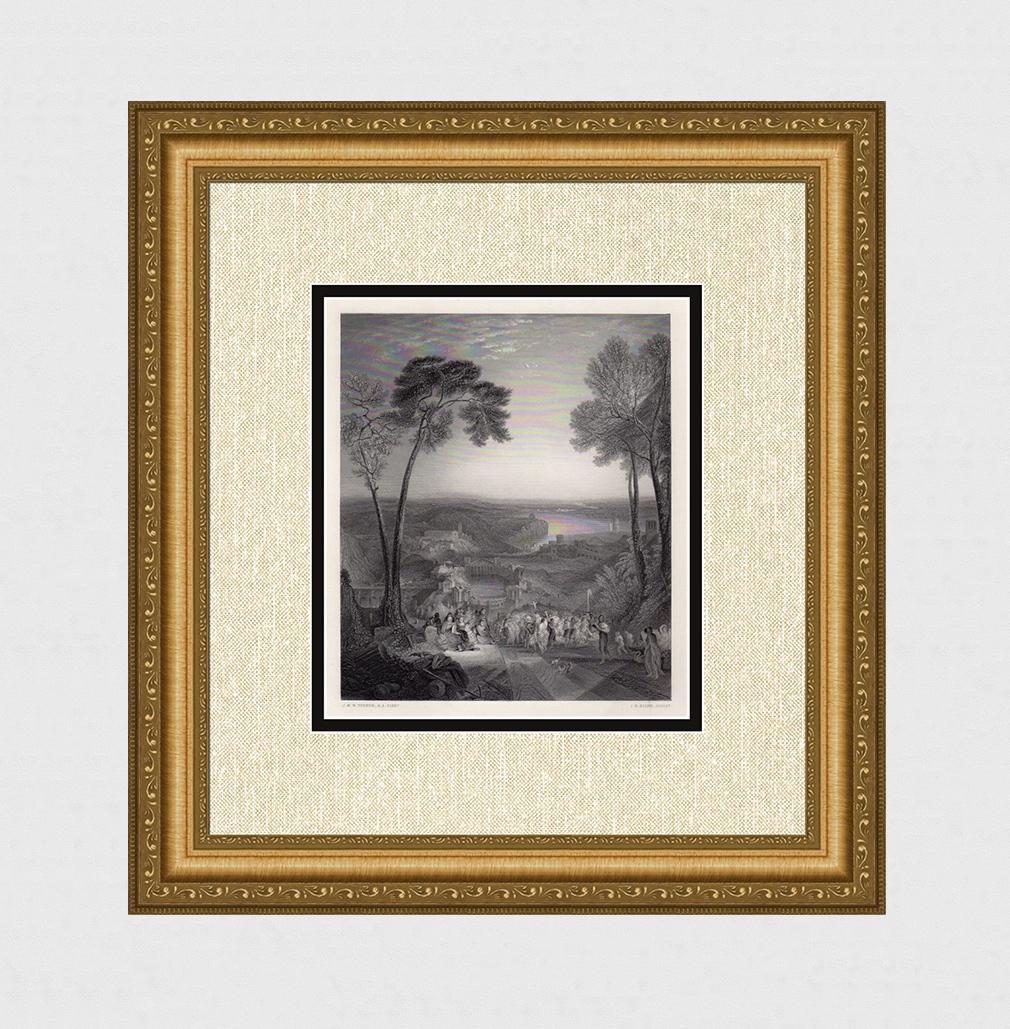 WILLIAM TURNER 1800s Engraving "Phryne goes Nude into the Sea" Framed Signed: Joseph Mallord William Turner (English, 1775-1851). Phryne Going to the Public Baths as Venus: Demosthenes Taunted by Aeschines. Antique engraving on heavy wove paper after the original oil paint on c