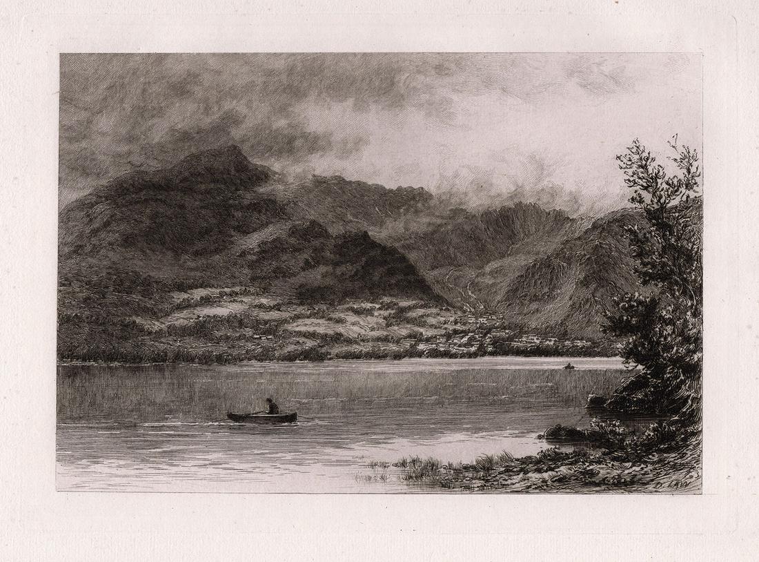 David Law Coniston 1881 etching: David Law. (Scottish, 1831-1901). Coniston. Hand pulled copper plate etching on laid paper. 1881. Signed in the plate lower right. Excellent. Image Size 7 3/4 x 10 3/4 inches. Framed dimensions approx