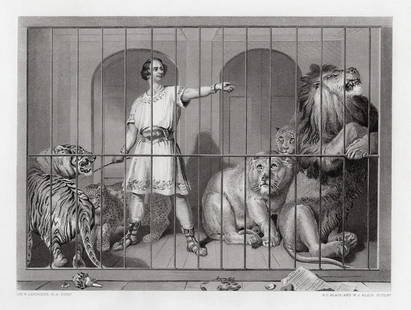 Sir Edwin Henry Landseer Van Amburgh and the Lions 1879 engraving: Sir Edwin Henry Landseer. (English, 1802-1873). Van Amburgh and the Lions. Antique steel engraving on thick wove paper after the original oil on canvas by master engravers A. C. Alais and W. J. Alais