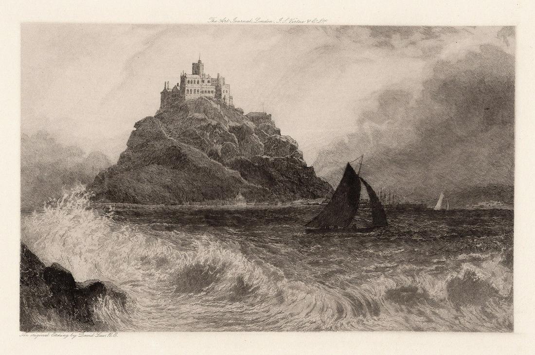 David Law St. Michaels Mount Cornwall 1898 etching: David Law. (Scottish, 1831-1901). St. Michaels Mount Cornwall. Antique etching on laid paper. 1898. Signed in the plate, lower left. Excellent. Image Size 5 7/8 x 9 1/4 inches. Approximately 15 x 18 i