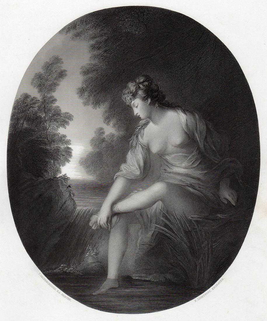 Sir Thomas Gainsborough 1853 Engraving Musidora signed: Sir Thomas Gainsborough. (English, (baptised 1727 - 1788). Musidora. Antique steel engraving on wove paper after the original oil on canvas by Master Engraver Peter Lightfoot (British, 1805 - 1885). 1