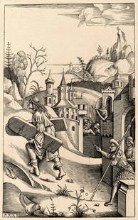 1876 Mair von Landshut Samsom with the Gates of Gaza Signed Durand Goring Unique: Mair von landshut (1485 - 1510 active). "Samson with the Gates of Gaza ," (From Hermann Goring's private collection at Bergfhof). Antique Copper plate engraving with Drypoint on laid paper executed by