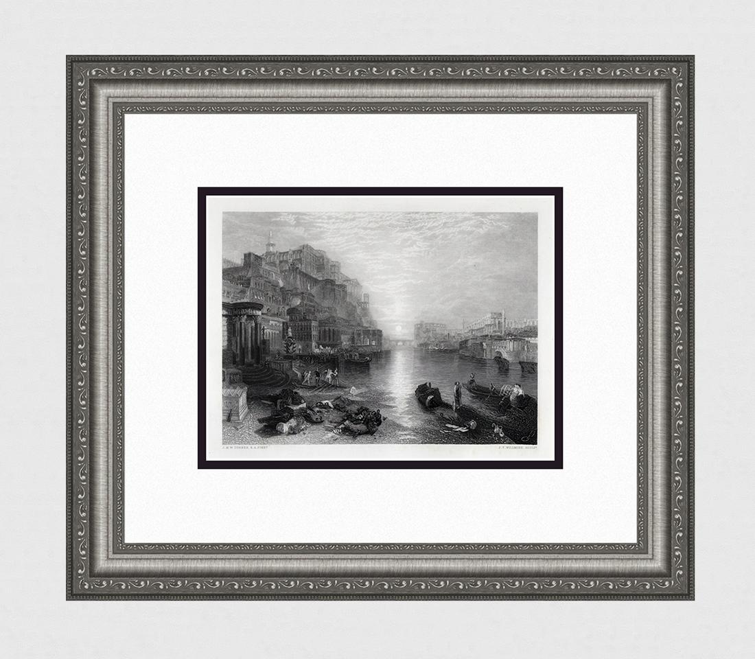 1800s JMW Turner Engraving Classical Italy on the Tiber Framed Signed: Joseph Mallord William Turner (English, 1775-1851). Ancient Italy. Antique engraving on wove paper after the original by master engraver James Tibbits Willmore (British,1800-1863). Year: 1861. Signed