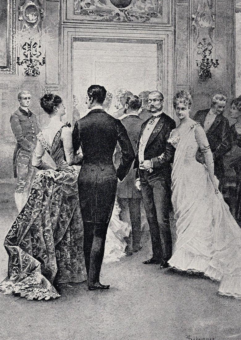 Francois Schommer 1800s Antique Print The Grand Dining Room SIGNED Framed: Francois Schommer (1850-1935). Entering the dining room. Antique print after the original. Year: c. 1890. Signed in the plate, lower right. Image Size 5 1/2 x 8 1/8 inches. Framed dimensions approxima