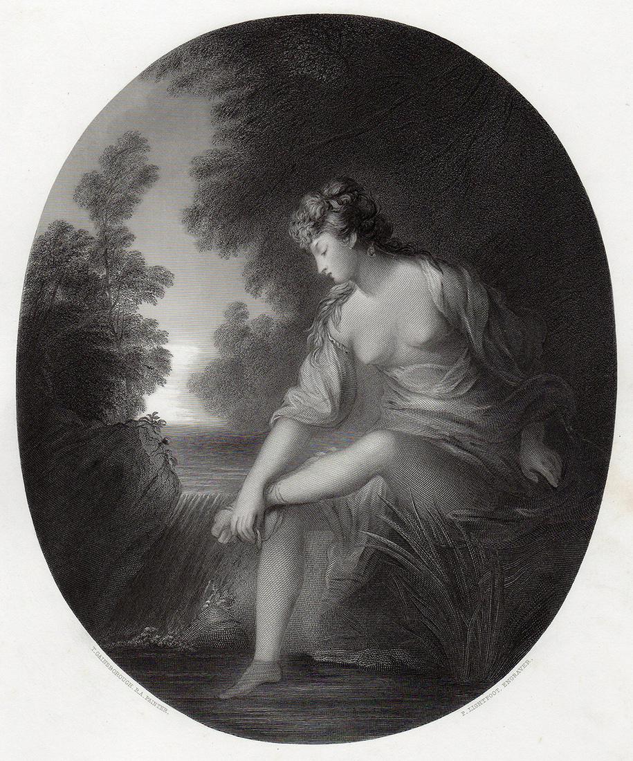Sir Thomas Gainsborough 1853 Engraving Musidora signed: Sir Thomas Gainsborough. (English, (baptised 1727 - 1788). Musidora. Antique steel engraving on wove paper after the original oil on canvas by Master Engraver Peter Lightfoot (British, 1805 - 1885). 1
