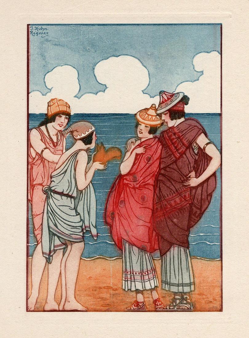 Joseph Kuhn-Regnier 1929 Color Engraving At the Water's Edge LIMITED Framed Signed: Joseph Kuhn-Regnier (French, 1873 - 1940). At the Water's Edge. Original color aquatint engraving on wove paper. Year: 1929. Signed in the plate, upper left. Limited to 3300. Image Size 3 3/4 x 5 1/4