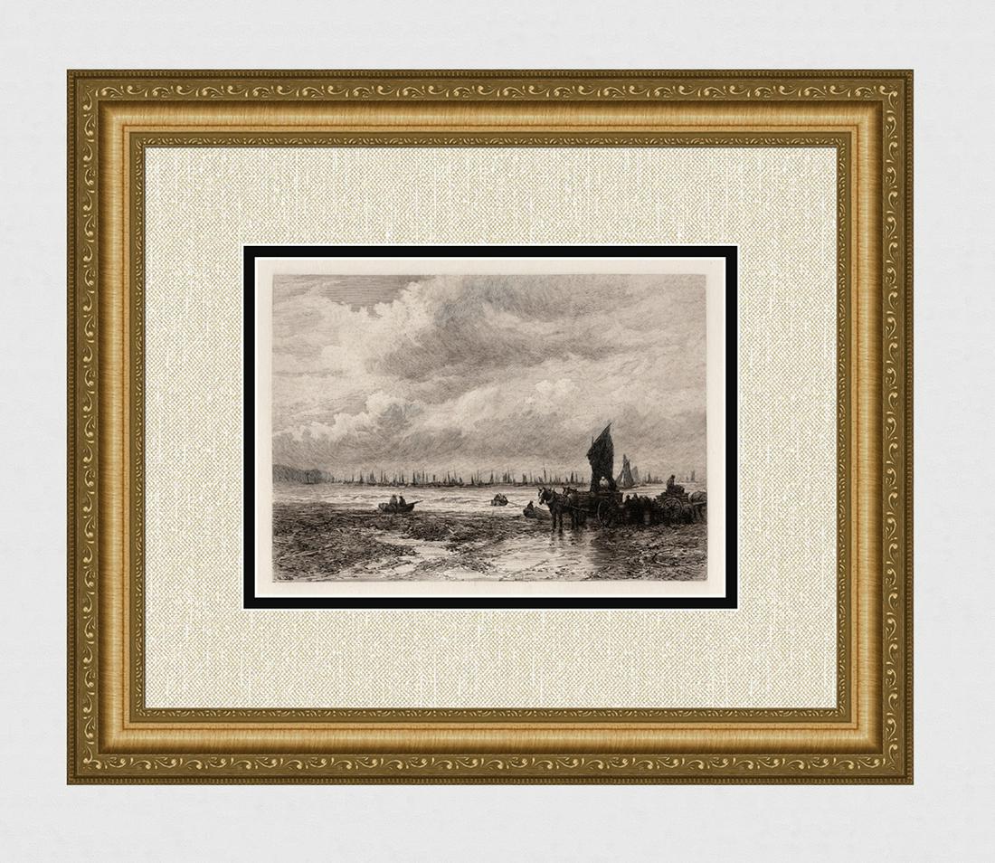 DAVID LAW 1800s Etching "Fishing Boats off Whitby" SIGNED FRAMED: David Law (Scottish, 1831-1901). Fishing Boats off Whitby. Original etching on laid paper. Signed in the plate, lower left. Year: 1881. Image Size 6 3/4 x 9 5/8 inches.Framed dimensions: Approximately