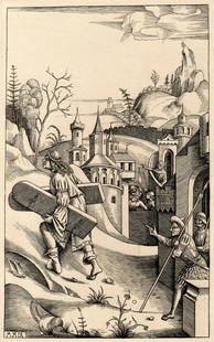 1876 Mair von Landshut Samsom with the Gates of Gaza Signed Durand Goring Unique: Mair von landshut (1485 - 1510 active). "Samson with the Gates of Gaza ," (From Hermann Goring's private collection at Bergfhof). Antique Copper plate engraving with Drypoint on laid paper executed by