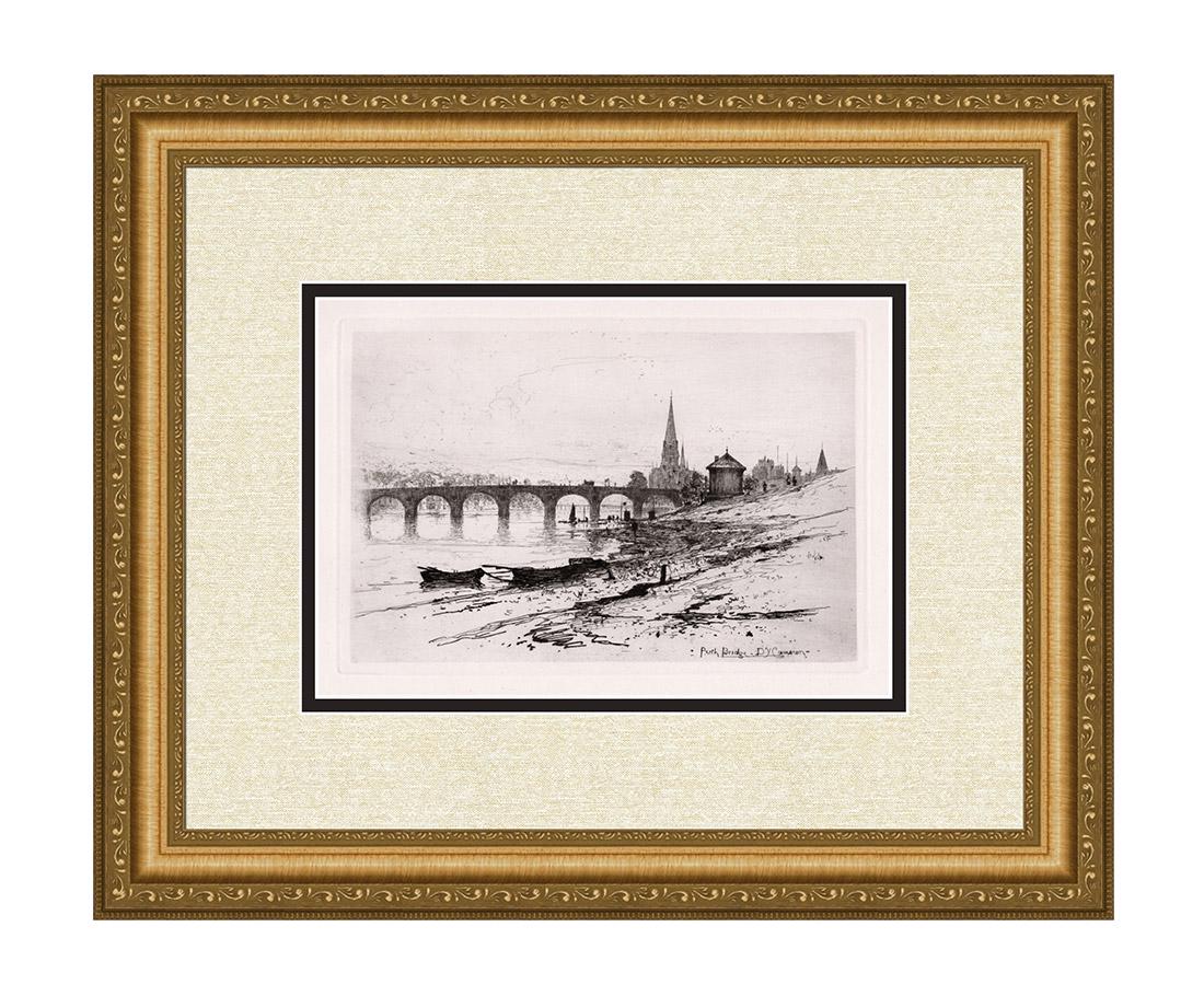 Sir David Young Cameron Perth Bridge etching signed: Sir David Young Cameron. (Scottish, 1865 - 1945). Perth Bridge. Original Etching on wove paper. 1889. Signed in the plate, lower right. Excellent. Image Size 6 7/8 x 10 1/4 inches. Approximately 16 x