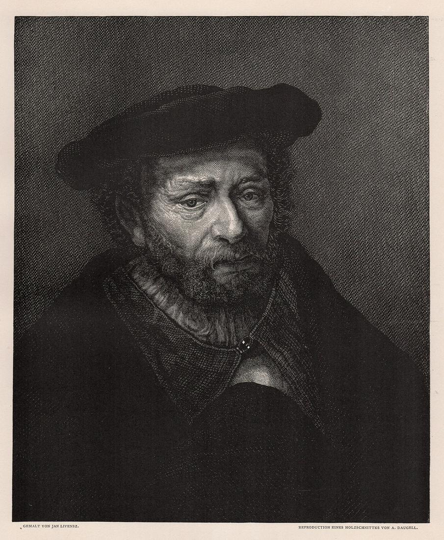 1887 Jan Lievens Bildniss eines Juden (Portrait of a Jew) woodcut signed: Jan Lievens. (Livensz) (Dutch, 1607-1674). Bildniss eines Juden (Portrait of a Jew). Antique woodcut on wove paper after the original painting by August Daugell (Estonian/Russian, 1830-1899). 1887. Si