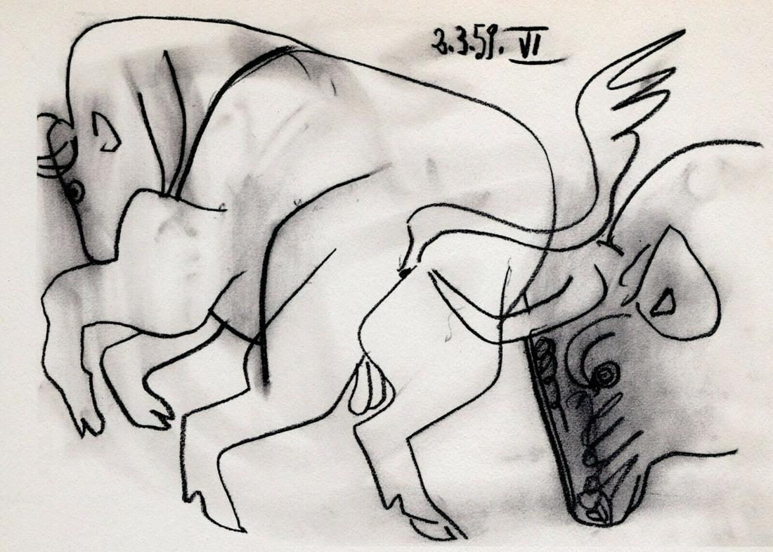 PABLO PICASSO 1961 Vintage Lithograph Two Bulls FRAMED (1 of 2)