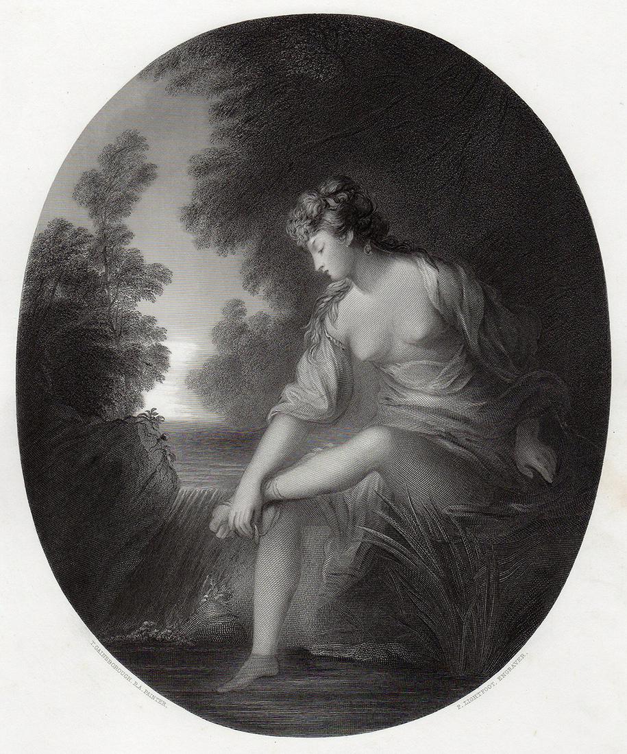 Sir Thomas Gainsborough 1853 Engraving Musidora signed: Sir Thomas Gainsborough. (English, (baptised 1727 - 1788). Musidora. Antique steel engraving on wove paper after the original oil on canvas by Master Engraver Peter Lightfoot (British, 1805 - 1885). 1