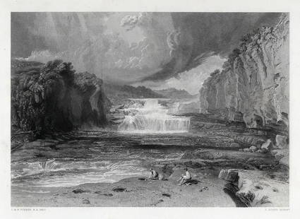 WILLIAM TURNER 1800s Engraving Aysgarth Force, England FRAMED Signed: Joseph Mallord William Turner (English, 1775-1851). Aysgarth Force. Antique engraving on wove paper after the original by master engraver John Scott (British, 1774-1828). Year: 1878. Reference Wilton