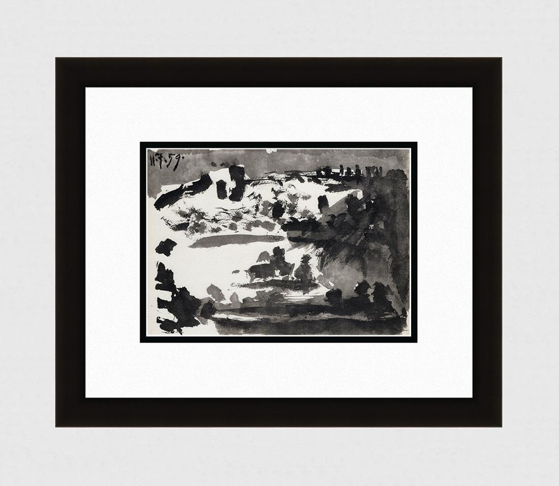 PABLO PICASSO 1961 Vintage Lithograph Bullfighting Arena FRAMED: Pablo Picasso (1881 - 1973). Bullfighting Arena XX (Plaza de Toros). Black and white offset lithograph, on Arches paper, after the original sketch. Atelier: Mourlot. Year 1961. Signature/Dated: Dated 