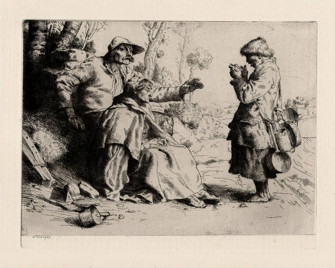 William Strang The Tinkerer 1883 Etching: William Strang (1859-1921). The Tinkerer. Original hand pulled copper plate etching on thick wove paper. Signed in the plate. 1883. Dimensions: Image Size 7 x 8 7/8 inches. Framing: Gallery framed and