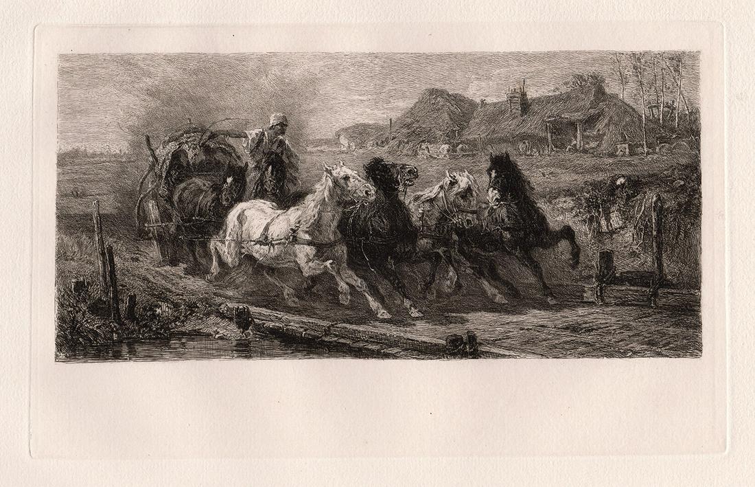 Adolf Schreyer Wallachian Posting 1879 etching: Adolf Schreyer. (Christian Adolf Schreyer) (German, 1828-1899). Wallachian Posting. Antique copper plate etching on thick laid paper after the original oil on canvas by master etcher William Unger (Ge