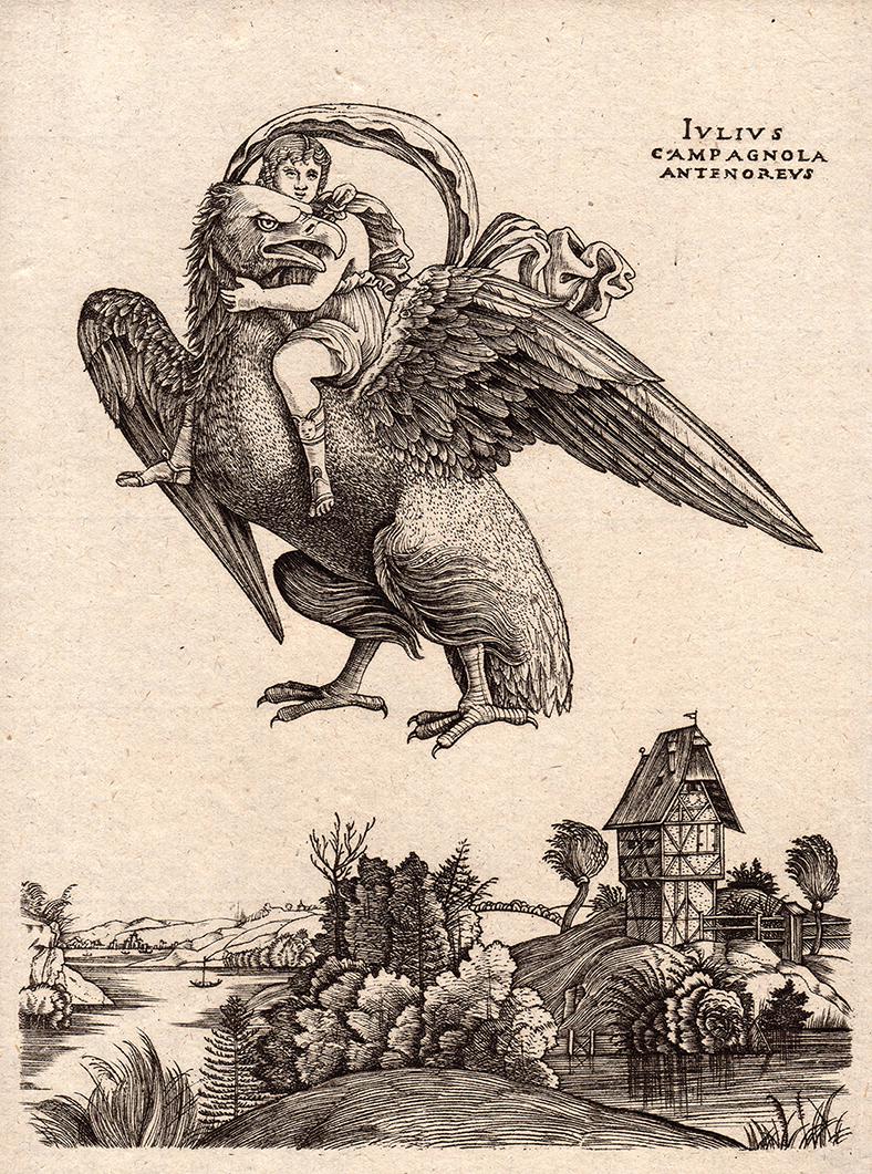 1876 Campagnola Ganymede riding an Eagle Durand Goring Unique: Giulio Campagnola (Italian, Padua ca. 1482-ca. 1515/18 Venice). Ganymede as a young boy riding a large eagle (Zeus) in flight above a landscape. (From Hermann Goring's private collection at Bergfhof).