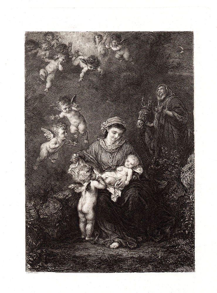 Ludwig Knaus Holy Family 1878 etching: Ludwig Knaus. (German, 1829-1910). "Holy Family". Hand Pulled copper plate etching on laid paper after the original by master engraver, William Unger (German, 1837-1932). 1878. Excellent. This piece i